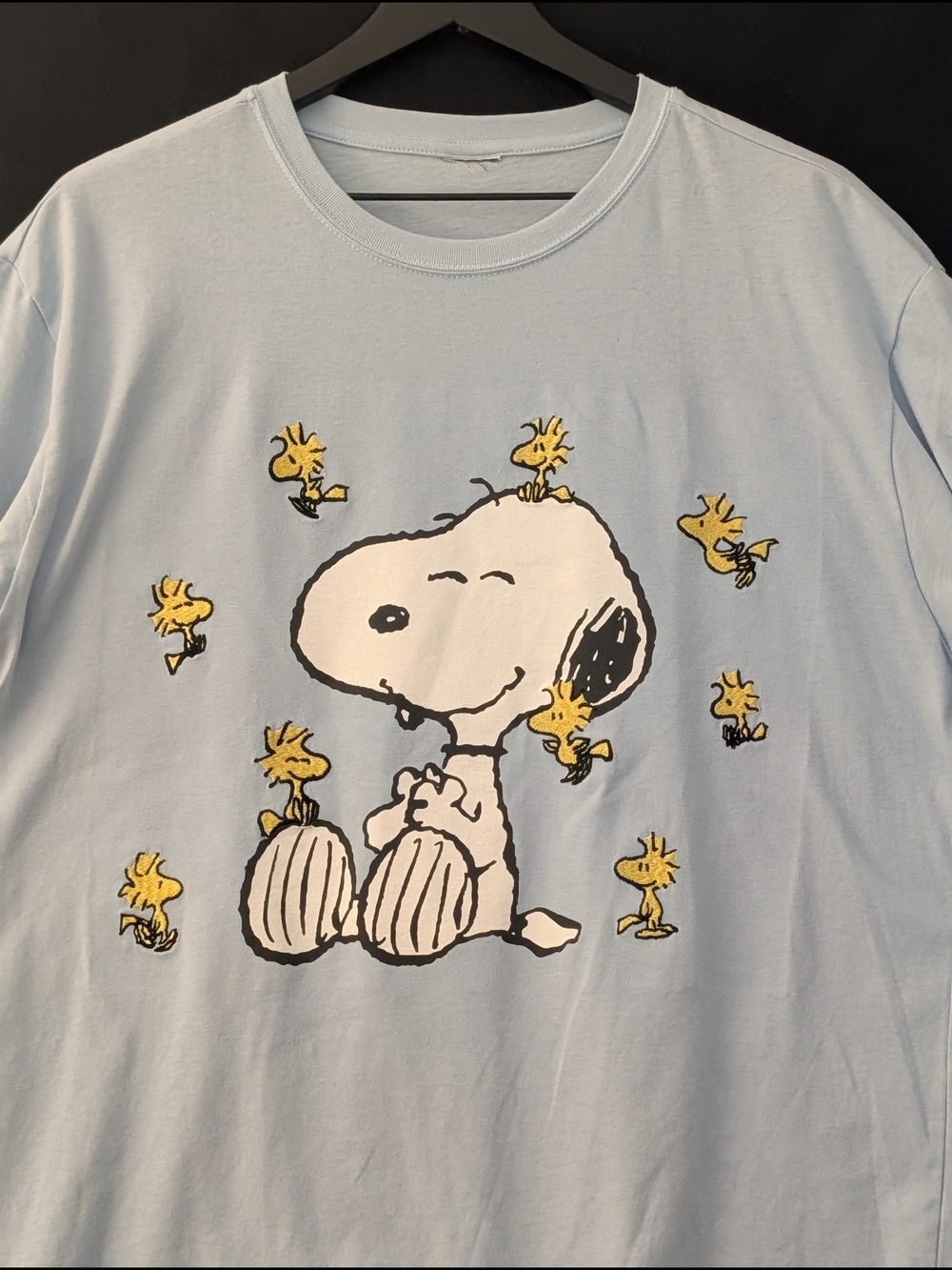 Peanuts Snoopy Woodstock Embroidered Graphic Tee Womens XL Light Blue Shirt - Picture 2 of 3